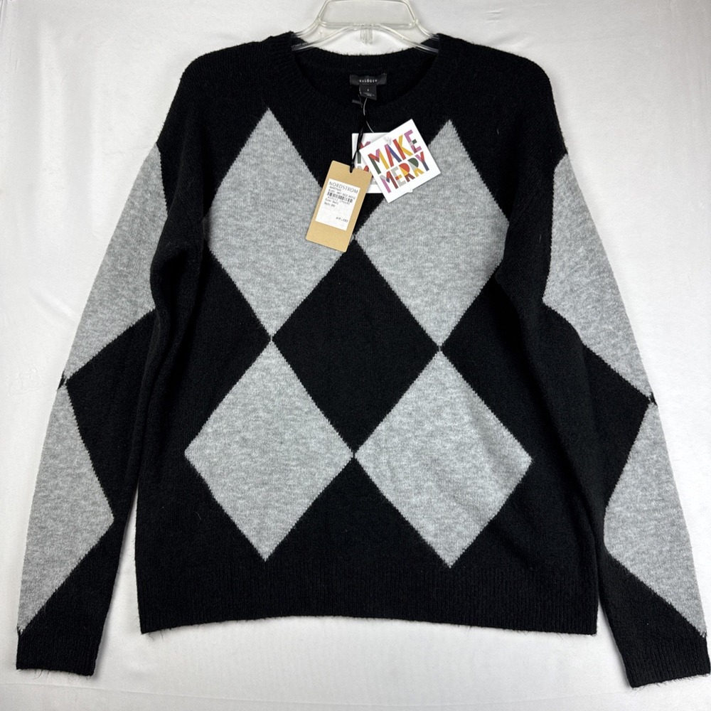 Halogen‎ Women's Knitted Sweater Black Grey Bold Argyle Acrylic Blend Small NWT
